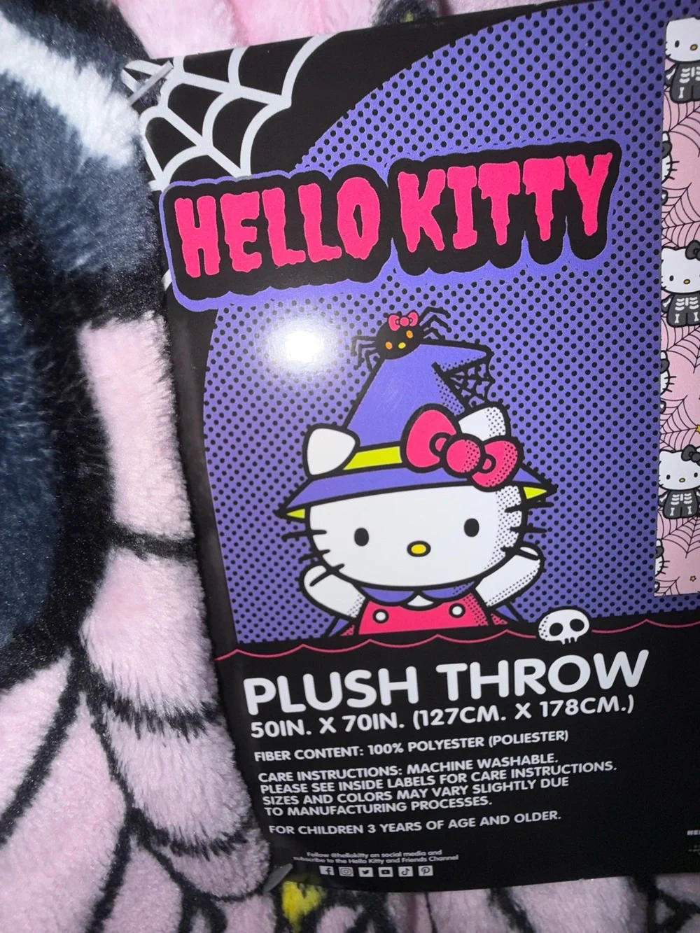 Hello Kitty Pink Plush Halloween Throw with Black Skeleton Motif